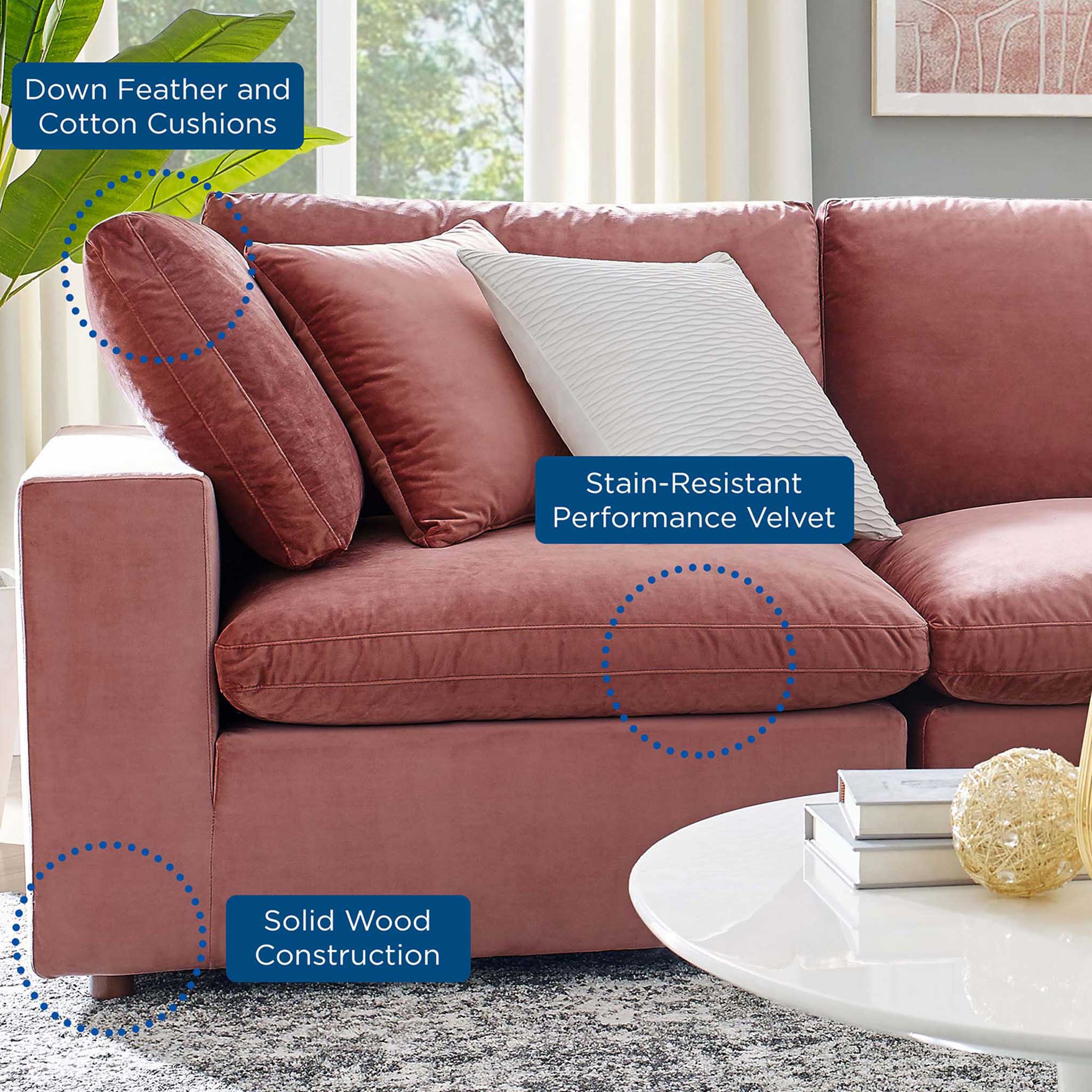 Carmen 5 Piece Modular Velvet Sofa with Ottoman Dusty Rose - Image 8