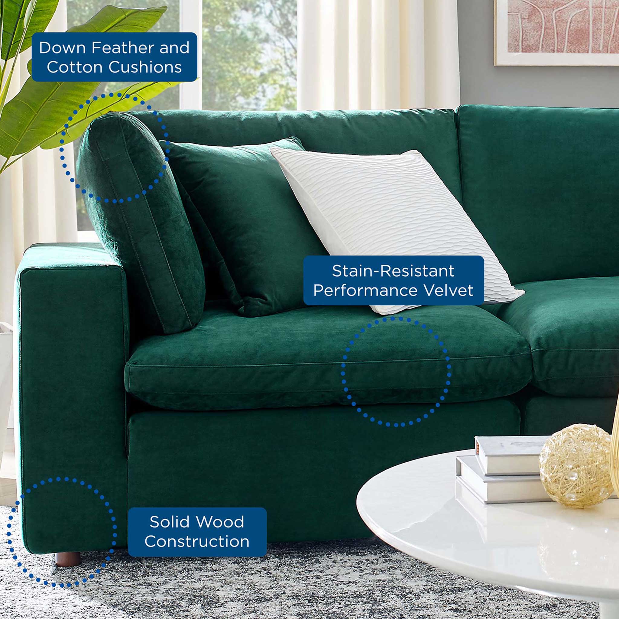 Carmen 5 Piece Modular Velvet Sofa with Ottoman Green - Image 8