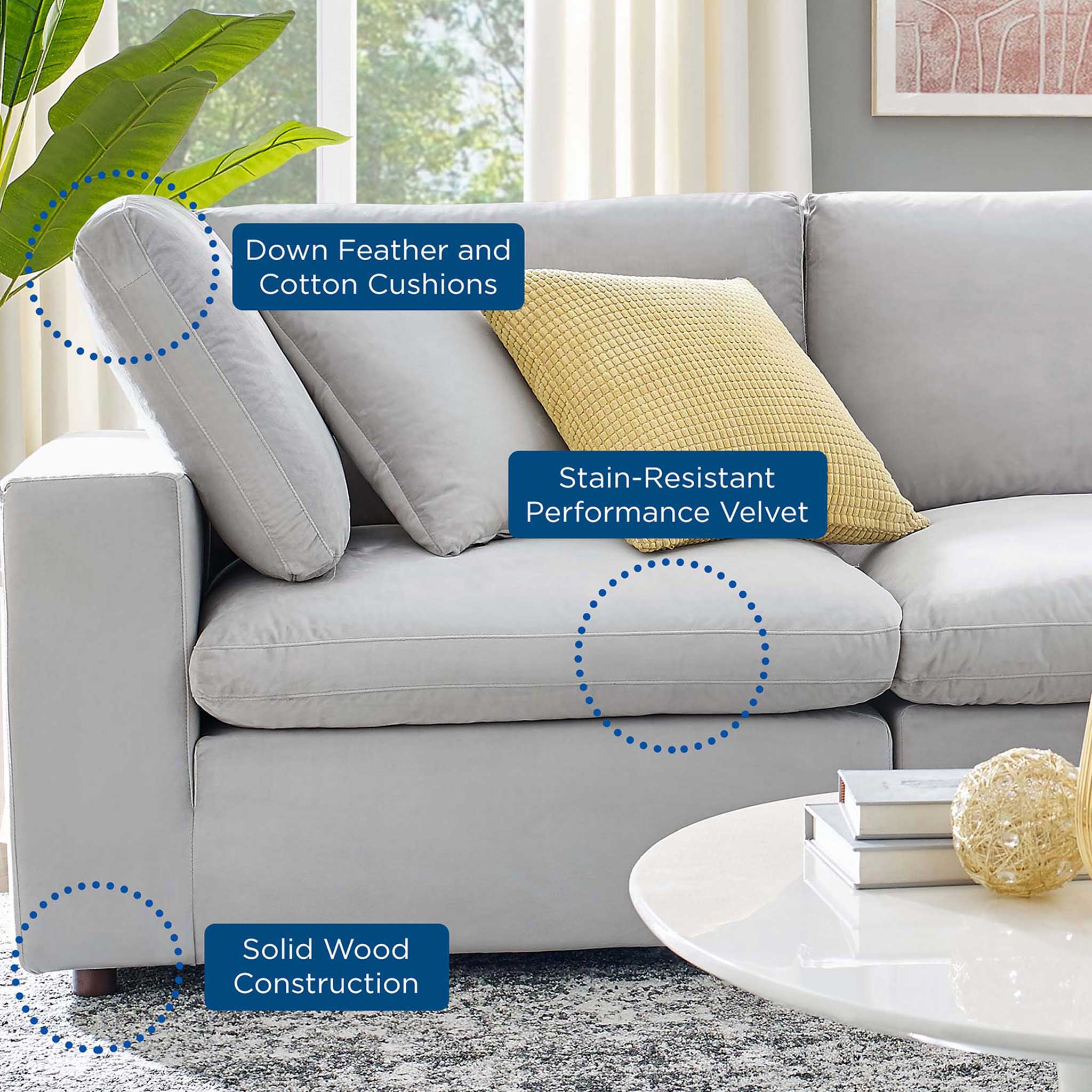 Carmen 5 Piece Modular Velvet Sofa with Ottoman Light Gray - Image 8