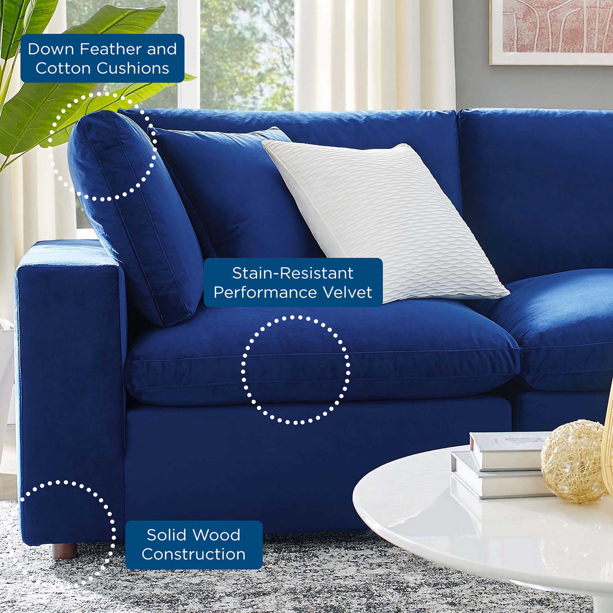 Carmen 5 Piece Modular Velvet Sofa with Ottoman Navy - Image 8