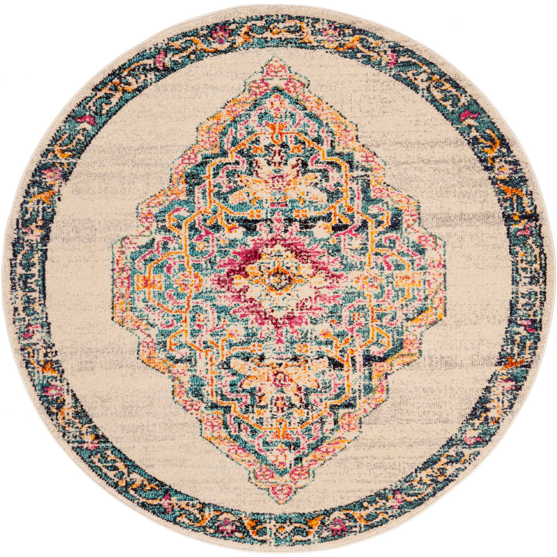 Monaco Ivory/Teal Round Rug