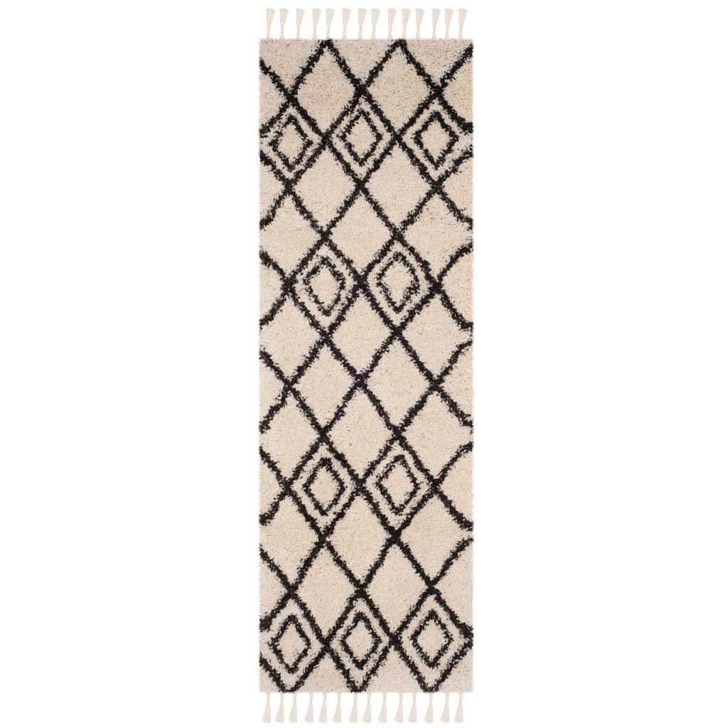 Moroccan Inscribed Fringe Shag Cream/Charcoal Runner Rug
