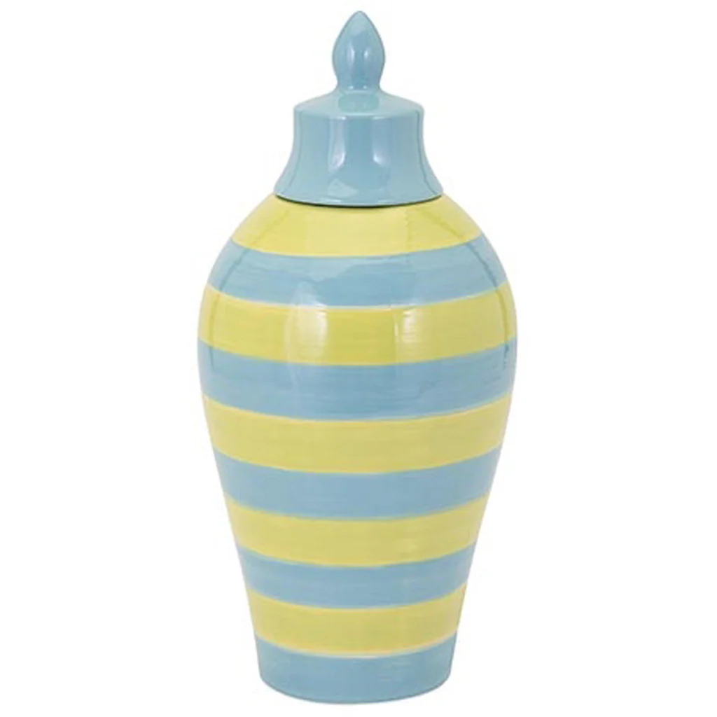 Saline Blue And Green Striped Lidded Vase Small