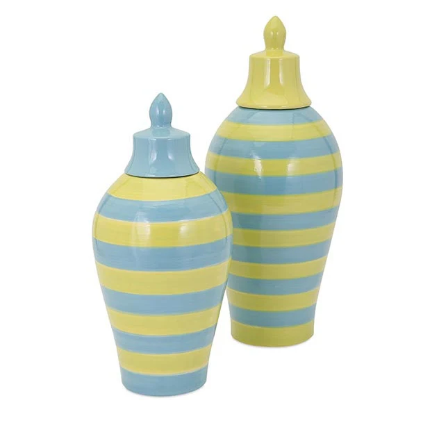 Saline Blue And Green Striped Lidded Vase Small - Image 2