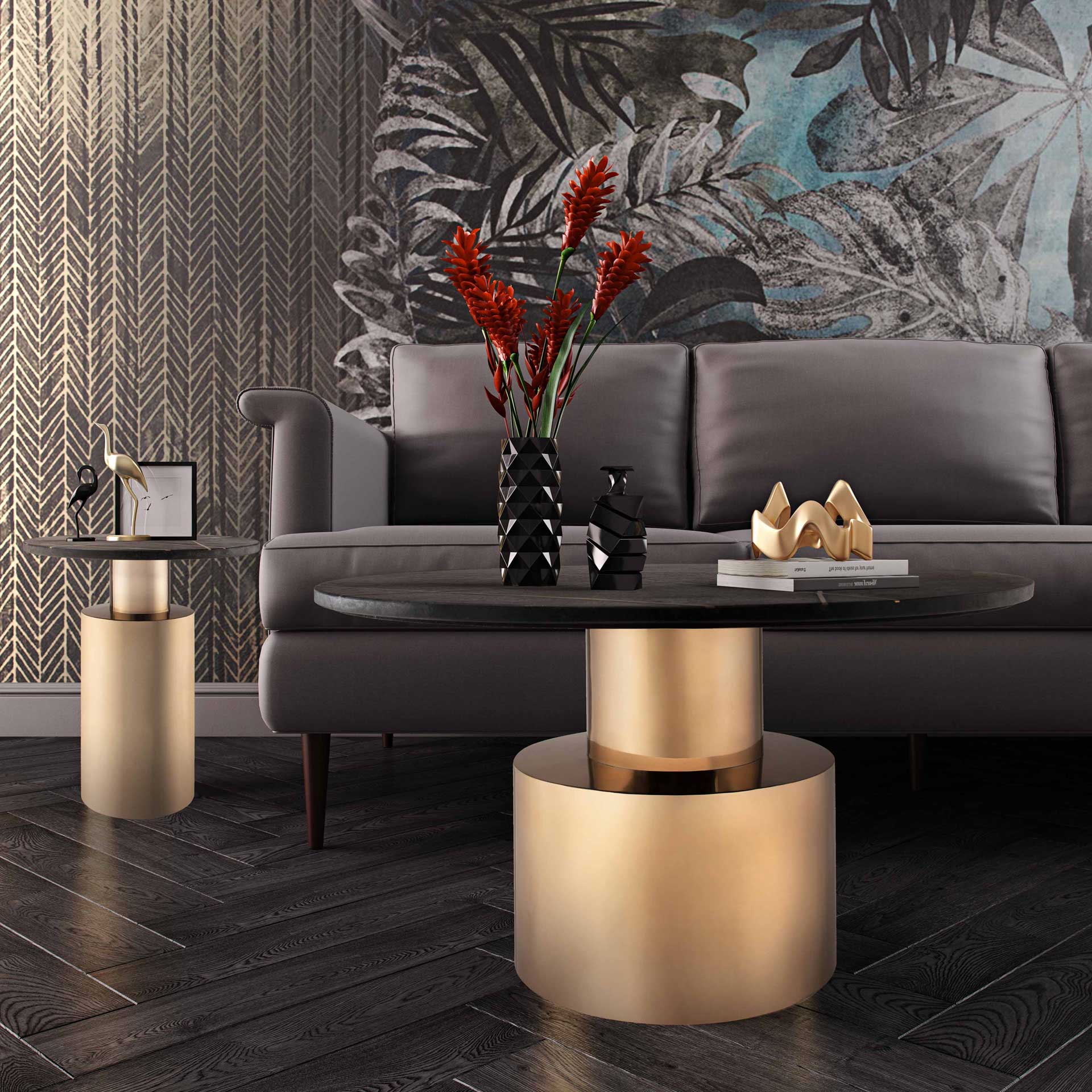 Terrence Marble Coffee Table Black/Brass - Image 6